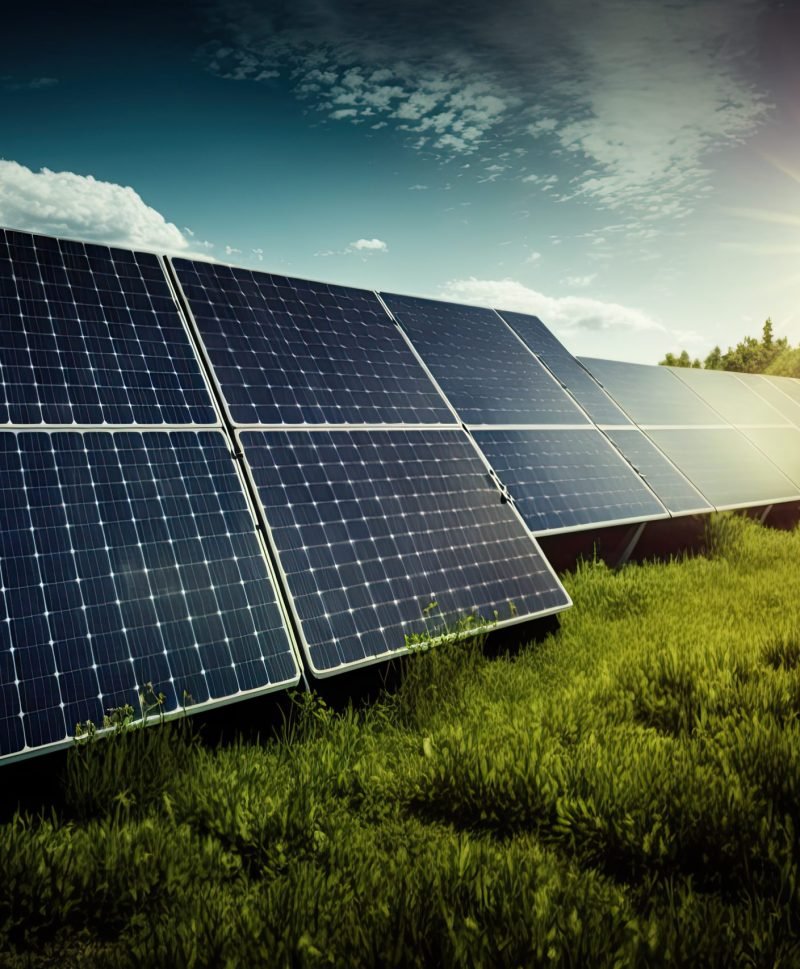 photovoltaic solar power panel in the field, green clean Alternative power energy concept.